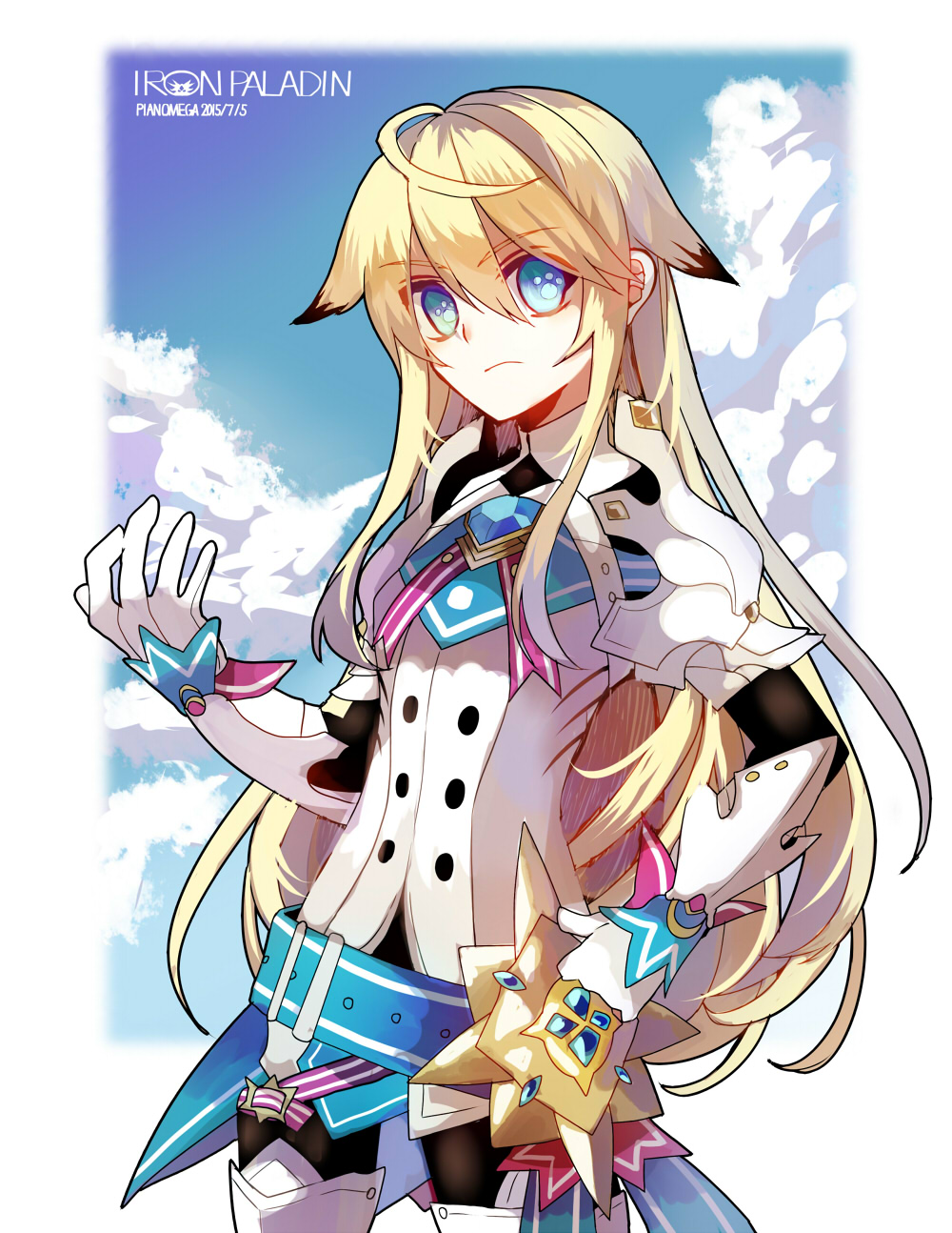 ahoge aqua_eyes armor artist_name athria belt black_hair black_shirt blonde_hair blue_belt blue_eyes blue_sky character_name chest_jewel chung_seiker closed_mouth cloud cloudy_sky cowboy_shot dated day elsword expressionless eyebrows_visible_through_hair full_armor gloves hair_between_eyes hair_flaps hand_on_hip hand_up highres iron_paladin_(elsword) long_hair looking_at_viewer male_focus multicolored_hair otoko_no_ko shirt shoulder_armor sidelocks sky solo spaulders standing symbol-shaped_pupils two-tone_hair white_gloves white_legwear