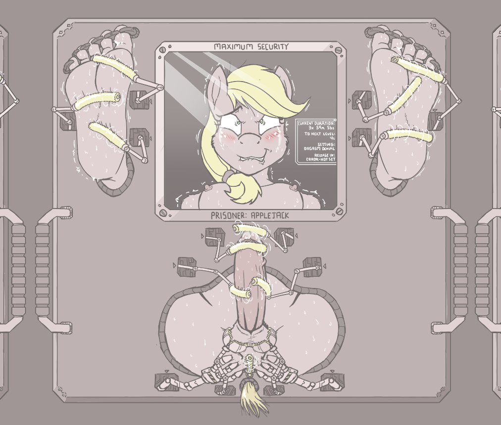 2018 5_toes anthro anthrofied applejack_(mlp) areola balls bdsm blush bondage bound breasts caroo containment dickgirl equine feet foot_fetish friendship_is_magic horse humanoid_feet intersex mammal my_little_pony nipples penis pony soles solo sweat tears toes