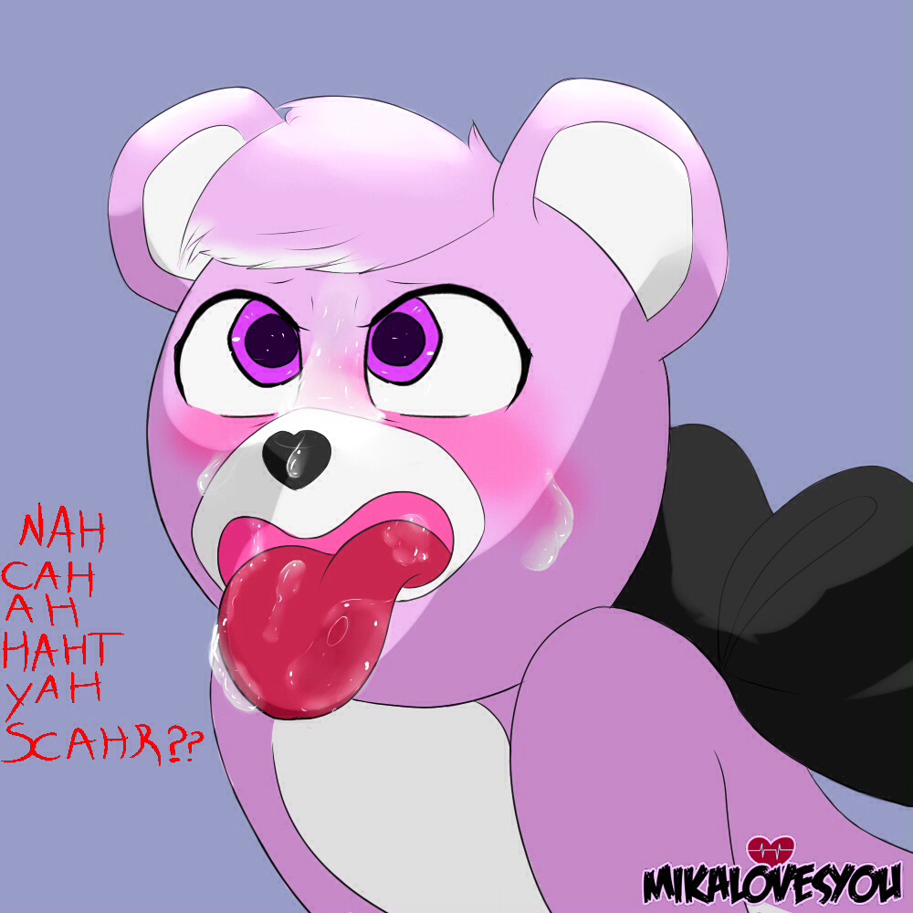 2018 anthro bear blush cum digital_media_(artwork) english_text fortnite fur hi_res invalid_color mammal mikalovesyou nude open_mouth simple_background solo text tongue tongue_out video_games