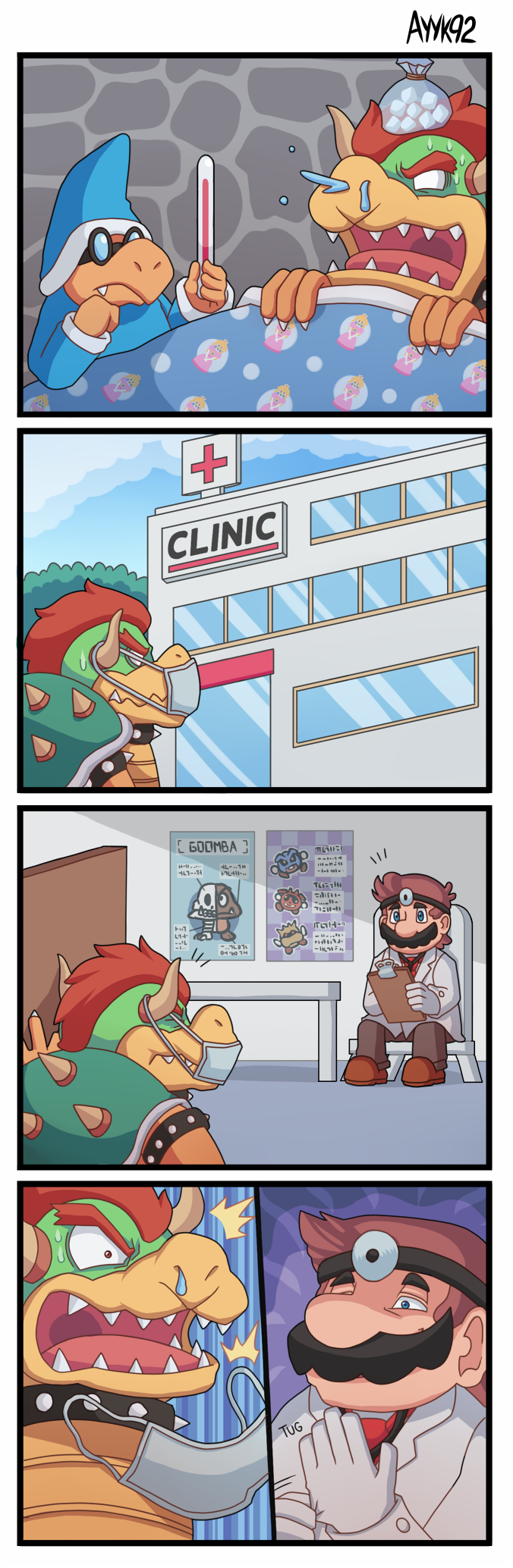 3boys 4koma ayyk92 bed bed_sheet bowser brown_footwear brown_hair chair chart clipboard collar comic doctor dr._mario english_text facial_hair glove_pull gloves goomba head_mirror highres hospital labcoat magikoopa mario mario_(series) mask multiple_boys mustache nintendo princess_peach red_hair runny_nose sharp_teeth short_hair sick sitting spiked_armlet spiked_collar spikes stethoscope super_mario_bros. sweat table teeth thermometer virus_(dr._mario) white_gloves