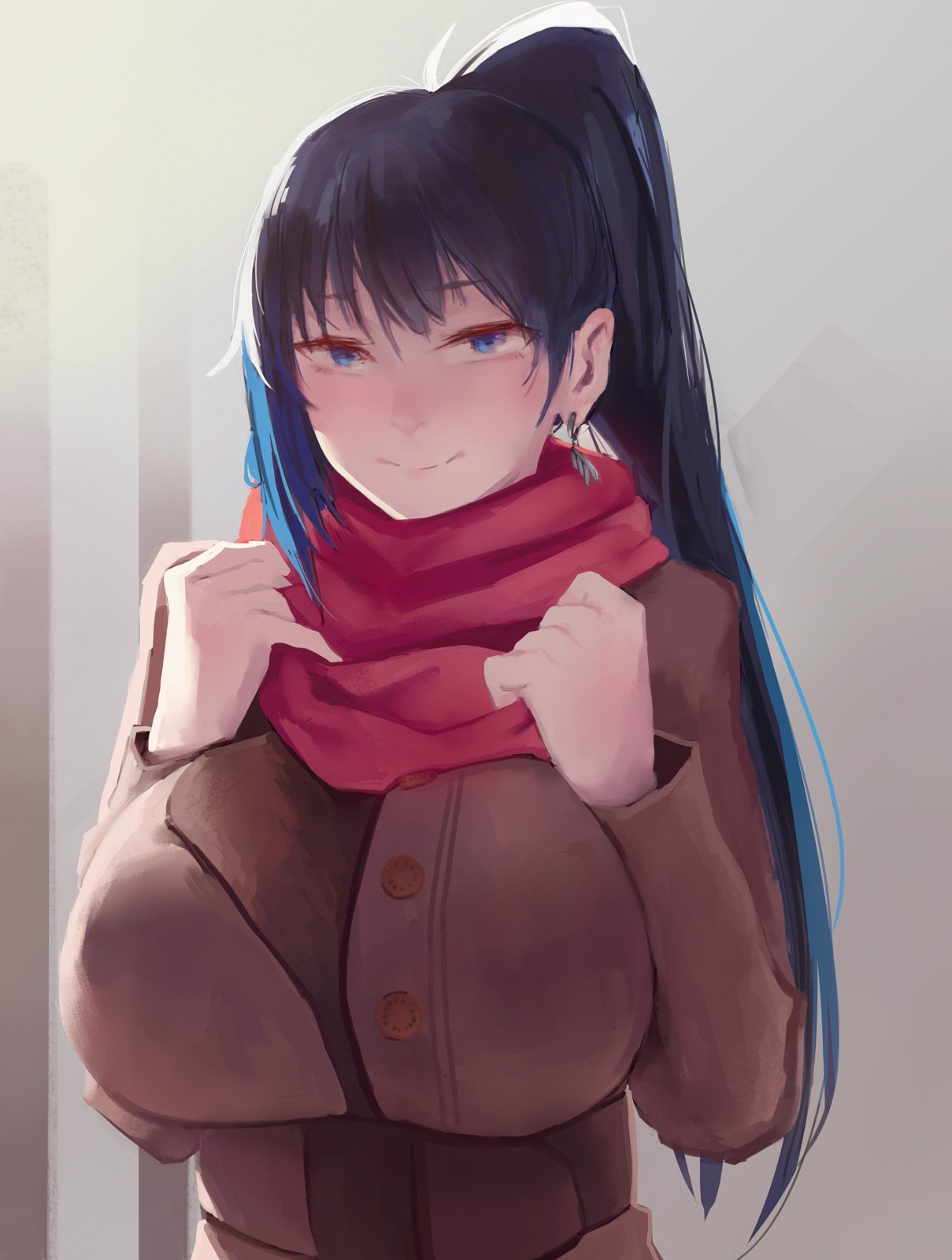 black_hair blue_eyes blue_hair blush breast_squeeze breasts brown_coat closed_mouth coat commentary copyright_request earrings english_commentary grey_background hands_up highres huge_breasts jewelry long_hair long_sleeves looking_at_viewer multicolored_hair noccu ponytail red_scarf scarf solo streaked_hair upper_body