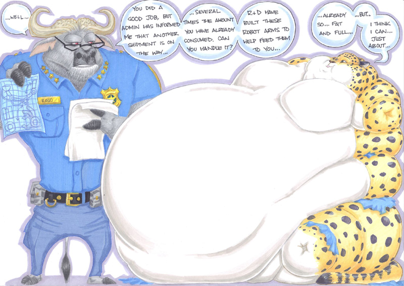 2018 benjamin_clawhauser bovine buffalo cape_buffalo cheetah chief_bogo clothing dialogue disney eyewear feline glasses male mammal morbidly_obese obese overweight police prisonsuit-rabbitman simple_background text traditional_media_(artwork) white_background zootopia