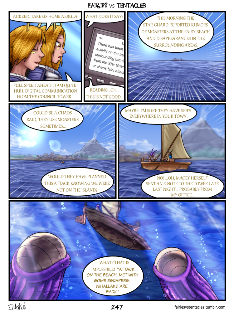 antennae armor blonde_hair blue_hair boat bobbydando clothed clothing comic dialogue english_text facial_markings fairies_vs_tentacles fairy female hair humanoid markings monster mylia_(tvf) nebula_(tvf) nihallaks_(species) purple_hair sam_(tvf) text topless underwater vehicle water yellow_eyes