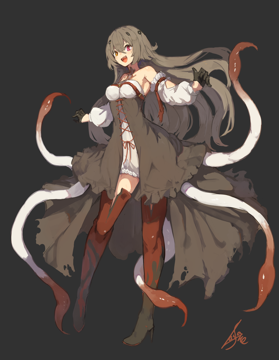 :d armpits bare_shoulders black_background black_dress black_gloves boots breasts detached_sleeves dress floating_hair full_body gloves grey_hair hair_between_eyes half_gloves heterochromia high_heel_boots high_heels highres lansane long_hair long_sleeves looking_at_viewer medium_breasts monster_girl open_clothes open_dress open_mouth original red_eyes red_footwear red_legwear short_dress signature simple_background smile solo standing tentacles thigh_boots thighhighs vararia_(lansane) yellow_eyes zettai_ryouiki