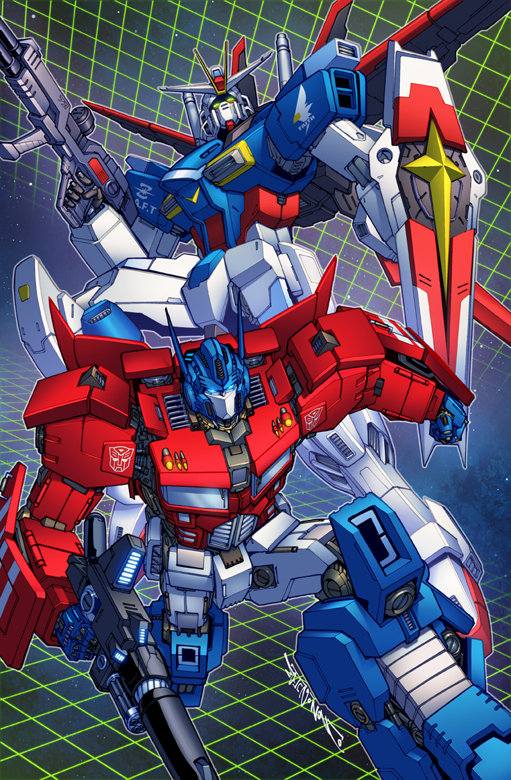 80s 90s alex_milne autobot blue_eyes commentary commission crossover energy_sword english_commentary glowing glowing_eyes green_eyes gun gundam gundam_seed gundam_seed_destiny holding impulse_gundam insignia machine machinery male_focus mecha multiple_boys no_humans oldschool optimus_prime optimus_prime_(idw) robot science_fiction shield space sword the_transformers_(idw) transformers weapon