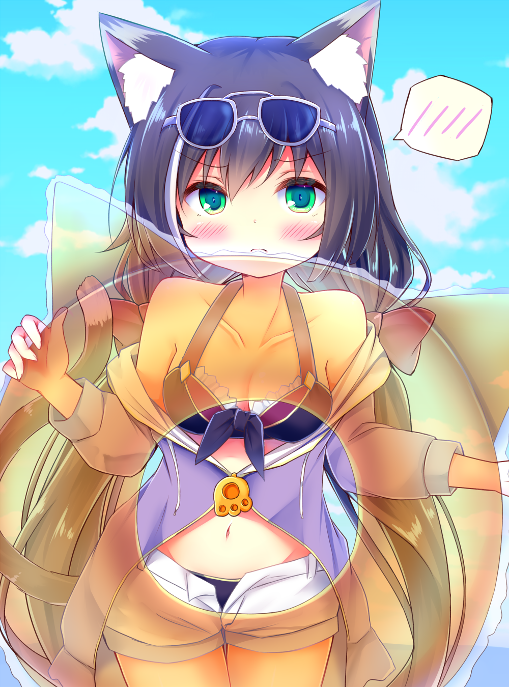 bangs bikini blue_sky blush breasts brown_hair closed_mouth cloud collarbone commentary_request day esureki eyebrows_visible_through_hair eyewear_on_head fingernails green_eyes grey-framed_eyewear hair_between_eyes hand_up highres holding holding_innertube hood hood_down hooded_jacket horizon innertube jacket kyaru_(princess_connect) light_frown long_hair long_sleeves low_twintails navel ocean off_shoulder open_clothes open_fly open_shorts orange_innertube outdoors partial_commentary princess_connect! princess_connect!_re:dive purple_bikini purple_jacket short_shorts shorts sky small_breasts solo spoken_blush sunglasses swimsuit transparent twintails very_long_hair water white_shorts