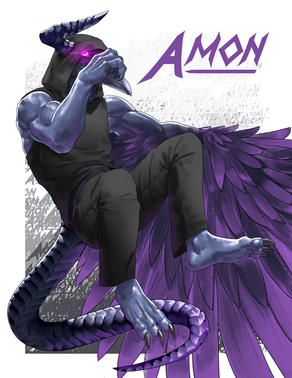 2018 amon amon-sydonai beak claws clothing demon feathers glowing glowing_eyes hoodie horn male muscular pants solo