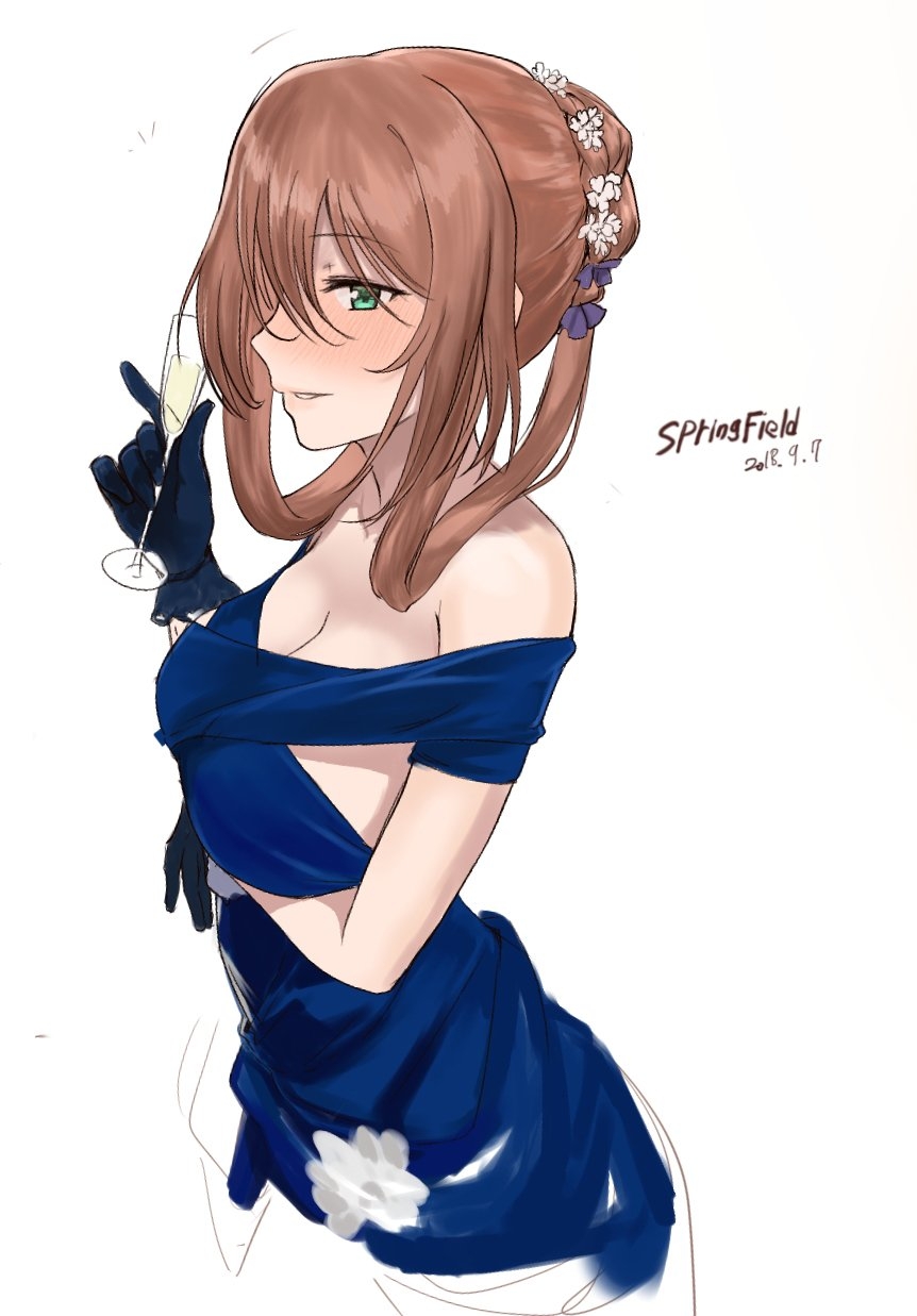 blush breasts brown_hair champagne_flute cleavage commentary cup dress drinking_glass evening_gown eyebrows_visible_through_hair girls_frontline gloves green_eyes hair_bun highres jjeono m1903_springfield_(girls_frontline) sideboob sidelocks simple_background smile white_background
