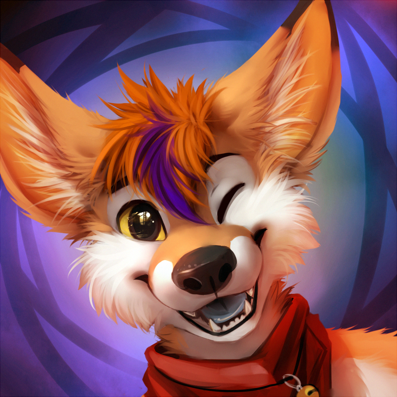 anthro blonde_hair canine fennec fox front_view fur hair inner_ear_fluff jingle_bell looking_at_viewer mammal multicolored_fur one_eye_closed open_mouth purple_hair smile solo thanshuhai tongue two_tone_fur white_fur yellow_eyes yellow_fur
