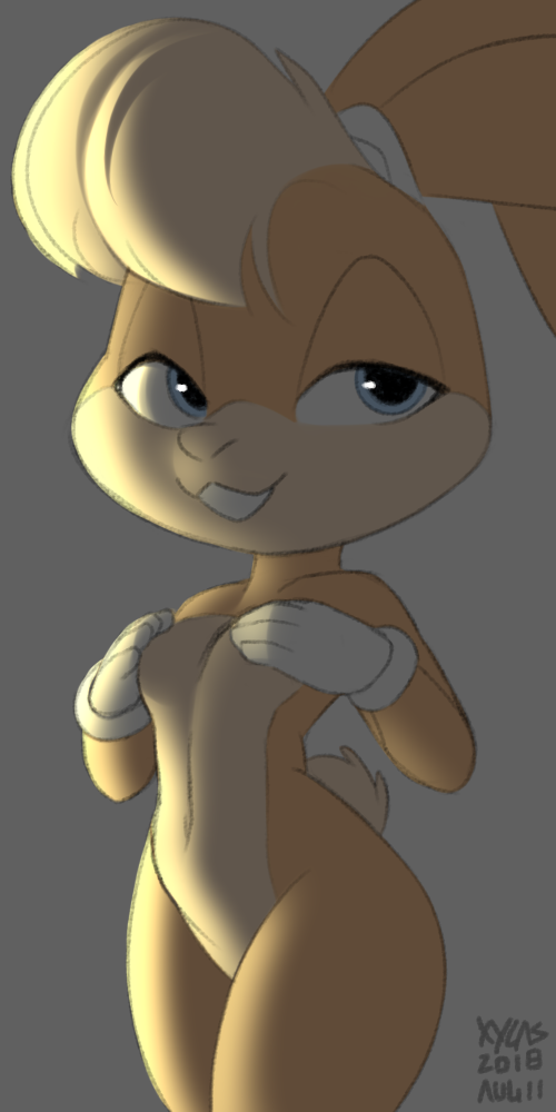 2018 anthro big_ears big_eyes blonde_hair blue_eyes breasts buckteeth clothed clothing covering covering_self female floppy_ears front_view fur gloves gradient_background grey_background hair half-closed_eyes huge_ears lagomorph lola_bunny looney_tunes mammal mostly_nude multicolored_fur orange_fur portrait rabbit short_tail simple_background small_breasts smile solo standing tan_fur tan_nose teeth three-quarter_portrait tied_ears two_tone_fur warner_brothers white_clothing wide_hips xylas