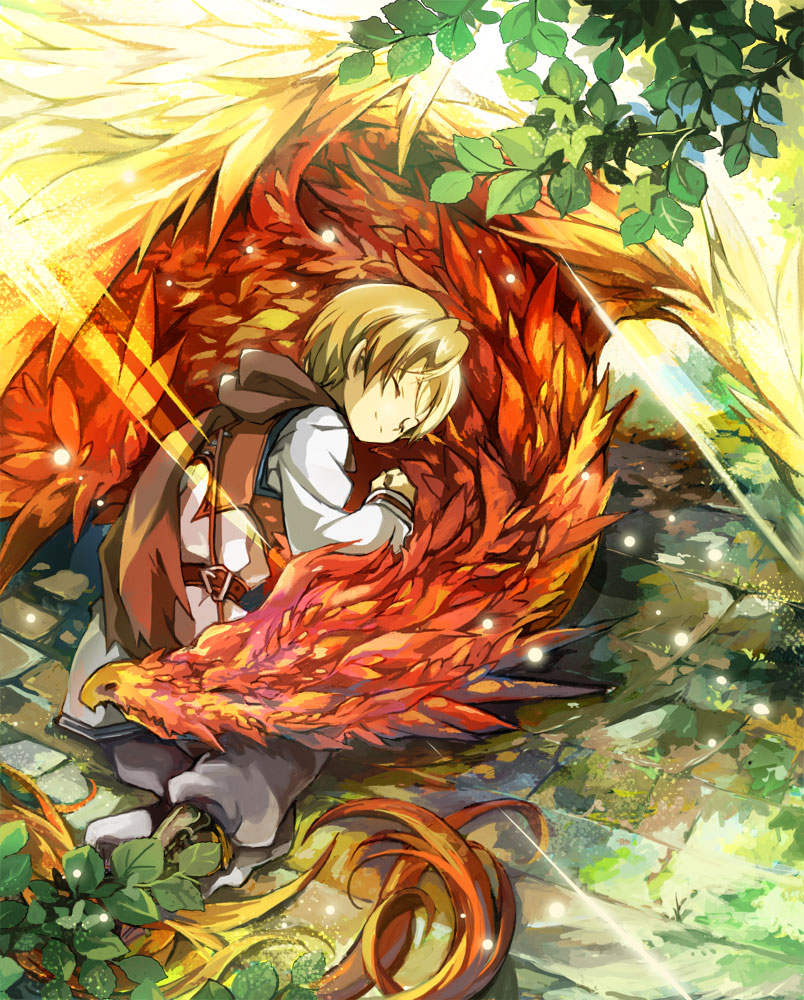 bahamut_lagoon belt blonde_hair brown_cape byuu cape closed_eyes cuddling day male_focus outdoors salamando sunlight touka_(jue)