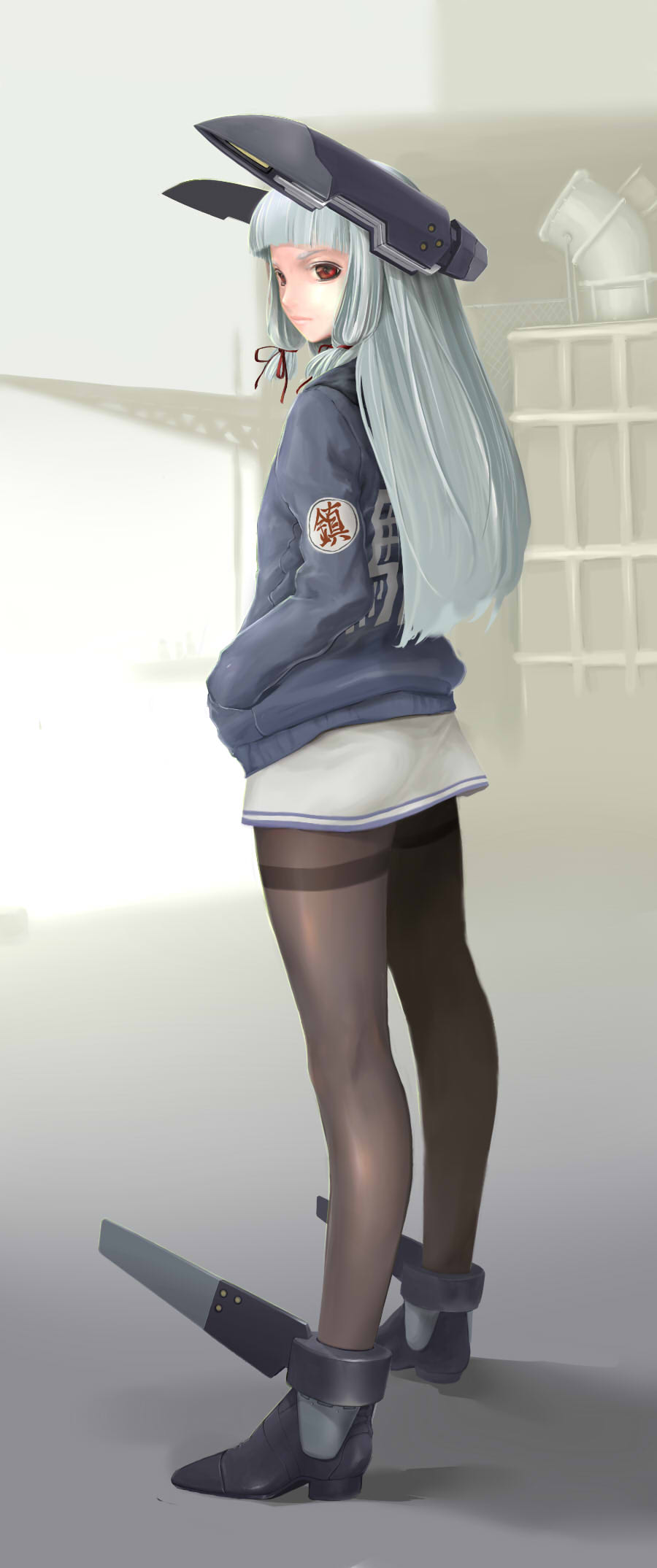 bangs blunt_bangs brown_legwear closed_mouth commentary_request dress expressionless from_side full_body hair_ribbon hands_in_pockets headgear high_heels highres juubaori_mashumaro kantai_collection long_hair long_sleeves looking_at_viewer looking_to_the_side murakumo_(kantai_collection) outdoors pantyhose realistic red_ribbon ribbon rudder_shoes sailor_dress short_dress sidelocks solo standing straight_hair thick_eyebrows thighband_pantyhose white_dress