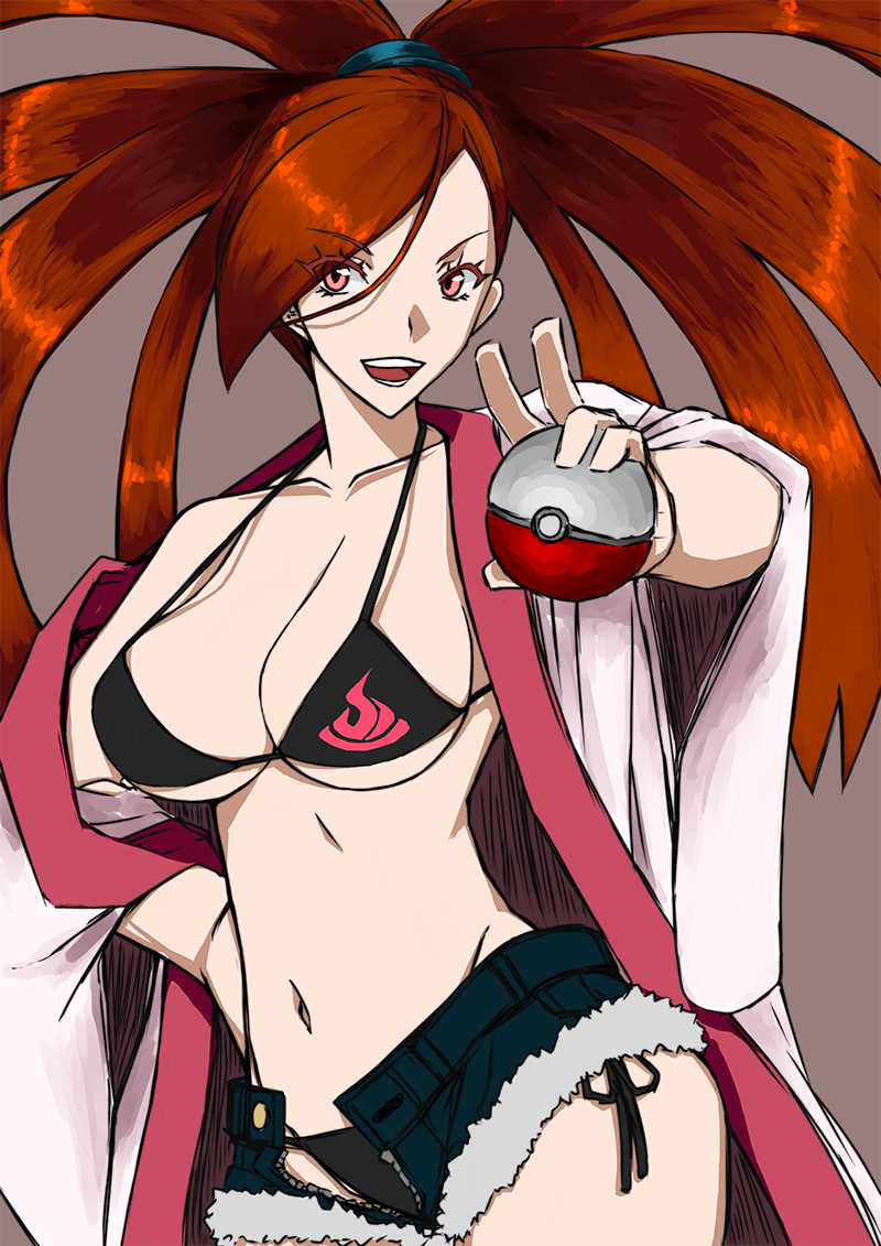 1girl arm_up artist_request asuna_(pokemon) bare_shoulders bikini bikini_under_clothes black_bikini breasts cleavage collarbone creatures_(company) denim denim_shorts eyelashes game_freak grey_background groin gym_leader hair_over_one_eye hair_tie hand_on_hip holding holding_poke_ball large_breasts long_hair looking_at_viewer navel nintendo off_shoulder open_clothes open_fly open_mouth open_robe pink_eyes poke_ball poke_ball_(generic) pokemon pokemon_(game) pokemon_oras ponytail red_hair robe short_shorts shorts side-tie_bikini simple_background solo stomach swimsuit teeth unbuttoned unzipped