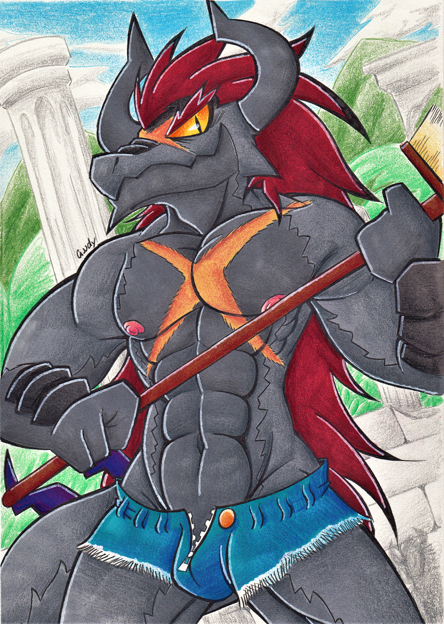 2018 3_fingers abs anthro batzz_(buddyfight) belly_scales biped black_eyes black_scales broom bulge button_(fastener) candyshybat clothed clothing cloud cutoffs denim_shorts dragon dutch_angle eyebrows facial_scar front_view future_card_buddyfight grey_horn grey_scales grey_tail hair half-length_portrait hi_res holding_object horn lighting long_hair long_tail looking_at_viewer male mountain multicolored_scales muscular muscular_male navel nipples orange_sclera outside pecs pillar pink_nipples pinup plant portrait pose red_hair scales scalie scar shadow shorts shrub sky smile smirk smug snout solo spikes standing thick_eyebrows topless traditional_media_(artwork) tree two_tone_scales unzipped