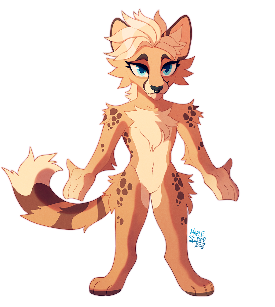 anthro blue_eyes chest_tuft facial_piercing female fluffy fluffy_tail fur fy'rah hair hindpaw ino_(kin) kin~ maplespyder naturally_censored nose_piercing paws piercing septum_piercing simple_background solo spiky_hair spots stripes tail_tuft tongue tuft white_hair