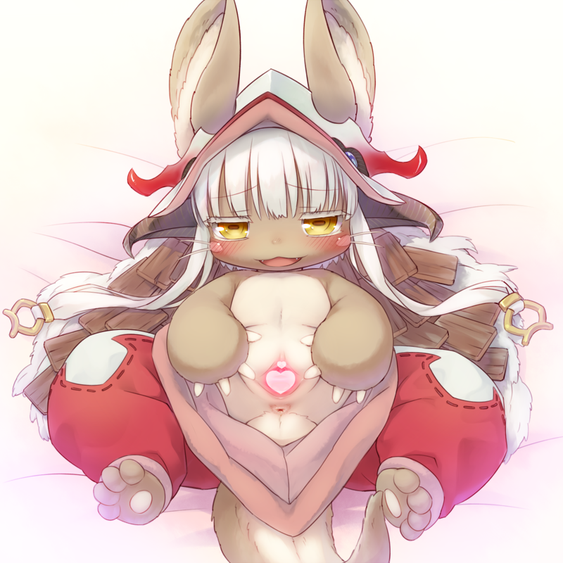 &lt;3_censor anthro anus blush censored female hair hollow_(species) lagomorph looking_at_viewer lying made_in_abyss mammal nanachi presenting presenting_pussy pussy solo spread_pussy spreading teeth unknown_artist white_hair yellow_eyes