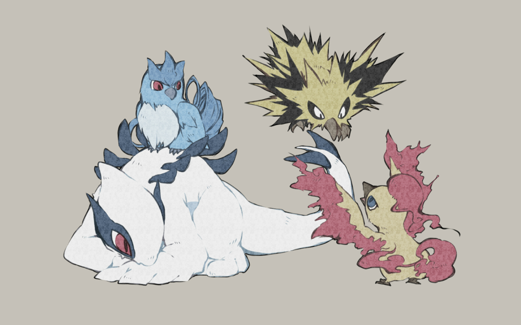 2013 ambiguous_gender articuno blue_eyes brown_background cute feral group legendary_pok&eacute;mon lugia moltres nintendo pok&eacute;mon pok&eacute;mon_(species) red_eyes simple_background u0r_6 video_games zapdos