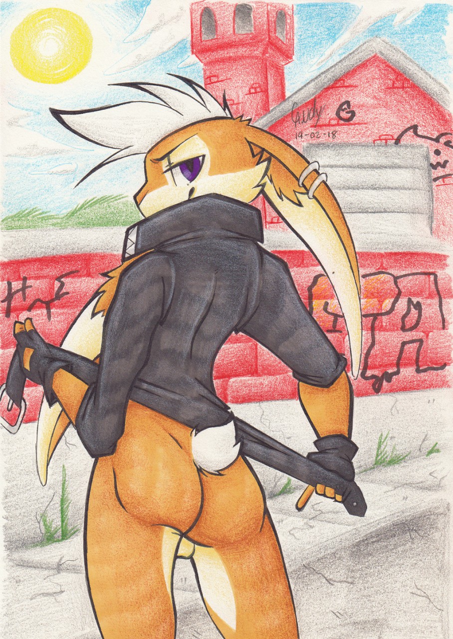 2018 4_fingers alley anthro backless_gloves backsack balls bedroom_eyes belt biped black_clothing black_gloves bottomless brick brick_wall building butt candyshybat cheek_tuft clothed clothing cloud countershade_face countershade_legs countershading day delinquent fingerless_gloves floppy_ears fluffy fluffy_tail fur garage gloves graffiti grass hair half-closed_eyes half-length_portrait hi_res holding_belt holding_clothing holding_object humanoid_hands inner_ear_fluff jacket lagomorph leather leather_gloves leather_jacket lighting looking_at_viewer looking_back male mammal multicolored_fur open_clothing open_jacket orange_fur outside plant portrait punk purple_eyes rabbit rear_view seductive shadow short_hair short_tail shrub sidewalk signature sky smile smirk smug snout solo standing sun sunlight tan_balls tan_countershading tan_fur tower traditional_media_(artwork) tuft two_tone_fur valenurei white_hair white_tail