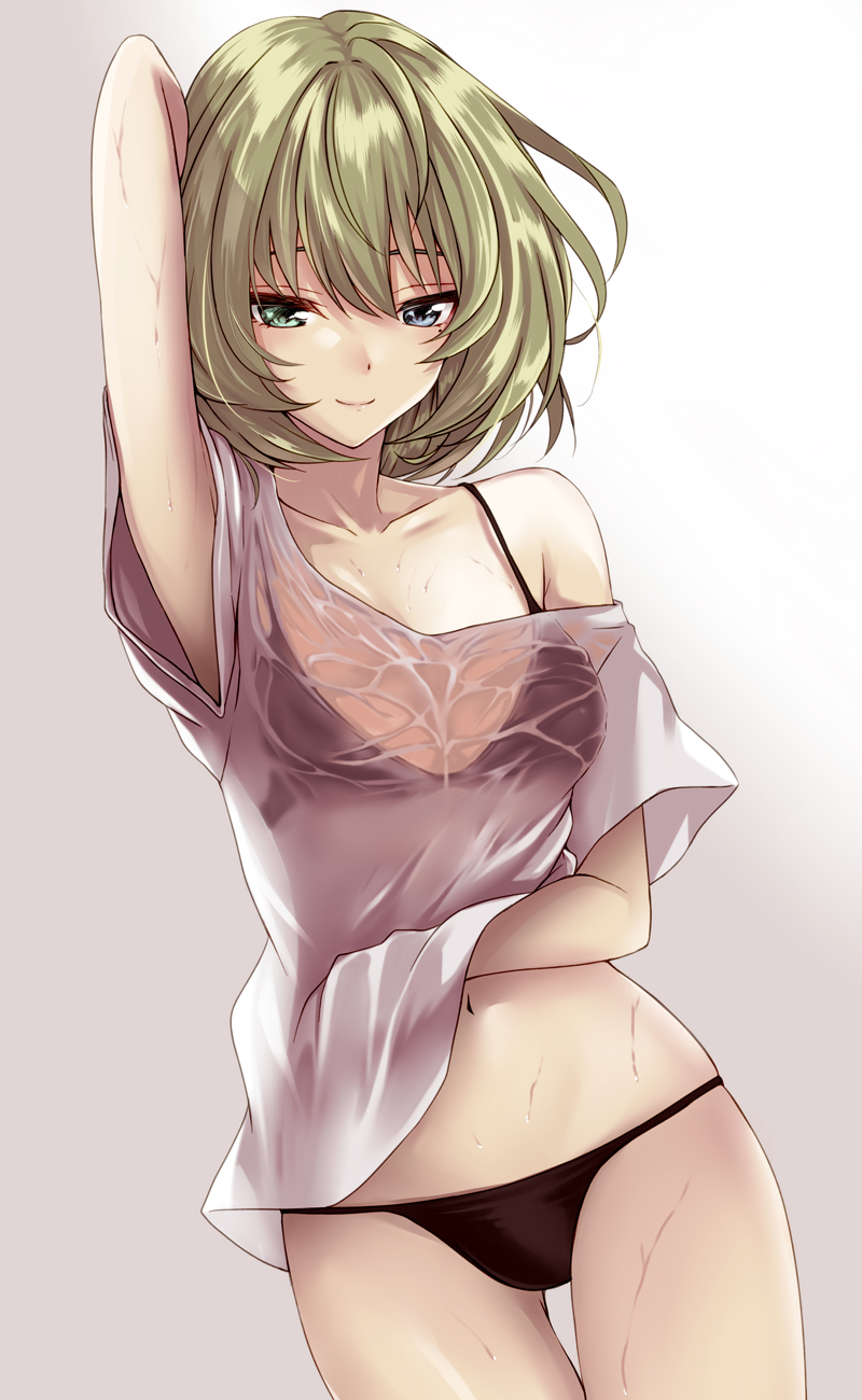 arm_behind_head arm_up armpits bangs bare_shoulders black_bra black_panties blonde_hair blue_eyes blurry blush bra breasts cleavage closed_mouth depth_of_field dutch_angle gradient gradient_background green_eyes hair_between_eyes heterochromia highres idolmaster idolmaster_cinderella_girls looking_at_viewer mole mole_under_eye off-shoulder_shirt off_shoulder panties pink_background shirt short_hair simon_(n.s_craft) smile solo standing sweat sweatdrop t-shirt takagaki_kaede underwear wet wet_clothes wet_shirt white_background