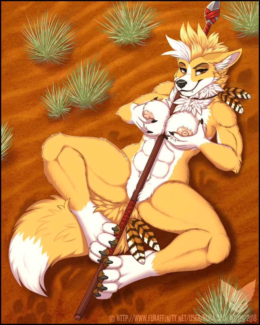 2018 anthro breasts canine desert digital_media_(artwork) dingo feathers female grass grope looking_at_viewer mammal mark_haynes melee_weapon nude paws polearm sand solo spear tribal weapon