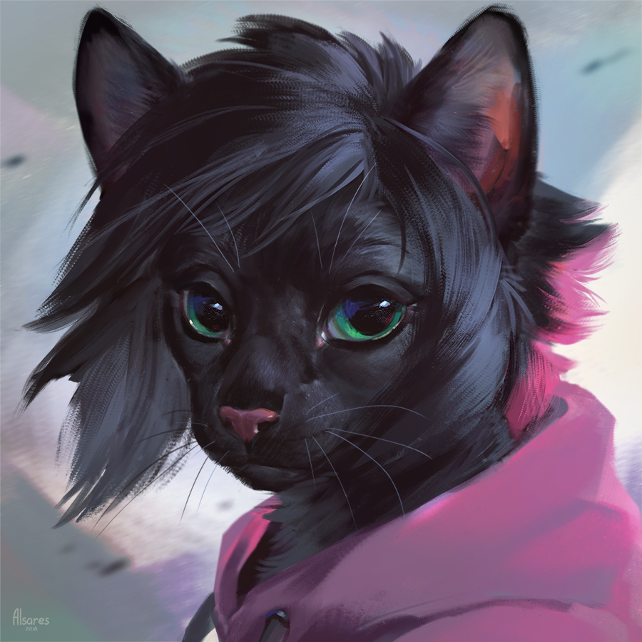 2018 alsareslynx anthro black_fur black_hair cat clothing detailed_background digital_media_(artwork) feline fur green_eyes hair headshot_portrait hoodie male mammal portrait solo whiskers