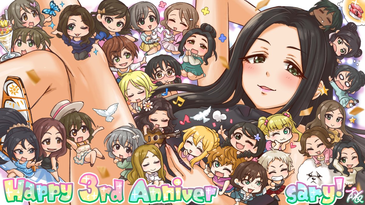 acoustic_guitar akanishi_erika anniversary asano_fuuka bare_arms bare_legs bird black_hair breasts bug butterfly cathy_graham check_commentary chibi chibi_on_head clarice_(idolmaster) commentary_request confetti cup dog dove earrings ebihara_naho etou_misaki_(idolmaster) eyebrows_visible_through_hair falling flower food freckles green_eyes grin guitar hair_bobbles hair_flower hair_ornament hat helen_(idolmaster) idolmaster idolmaster_cinderella_girls idolmaster_cinderella_girls_starlight_stage insect instrument jewelry kate_(idolmaster) kishibe_ayaka lips lipstick long_hair looking_at_viewer lying makeup makihara_shiho manaka_misato mary_cochran matsuyama_kumiko mochizuki_hijiri mole mole_on_breast mole_under_eye mug multiple_girls music musical_note namiki_meiko narumiya_yume natalia_(idolmaster) on_back on_head oota_yuu parfait parody parted_lips pink_lipstick playing_instrument sawada_marina senzaki_ema short_hair signature sleeveless smile souma_natsumi stud_earrings sugisaka_umi sushi thought_bubble thumbs_up tobatoinu tsukimiya_miyabi twintails umeki_otoha very_short_hair yaguchi_miu yanagi_kiyora yao_feifei yoshioka_saki