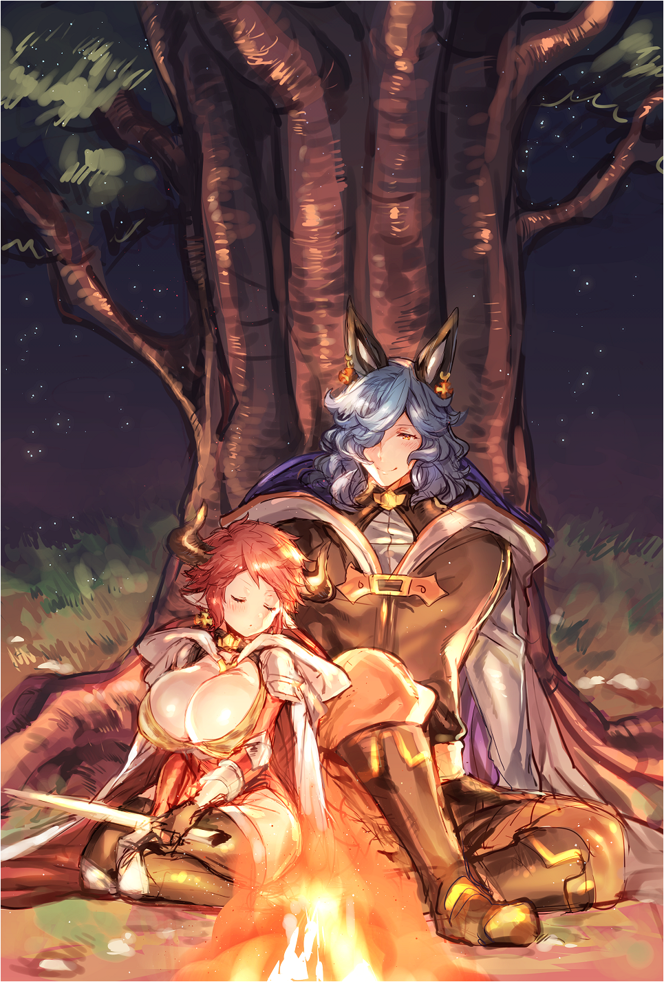1girl against_tree animal_ears bangs black_gloves black_legwear blue_hair blush boots bra breasts brown_bra brown_footwear brown_pants brown_vest campfire cape cleavage closed_eyes closed_mouth commentary_request couple cow_ears cow_horns cross cross_earrings drang_(granblue_fantasy) draph earrings elbow_pads eno_yukimi erune fire gloves granblue_fantasy grass grey_shirt hair_over_one_eye head_tilt height_difference highres holding holding_sword holding_weapon hood hood_down hooded_cape horns huge_breasts jewelry knee_boots knee_pads leotard light_particles long_hair long_sleeves looking_at_another night night_sky orange_eyes outdoors pants pointy_ears print_bra red_cape red_hair red_leotard shiny shiny_hair shirt short_hair shoulder_armor sidelocks sitting sketch sky sleeping smile spaulders sturm_(granblue_fantasy) sword thighhighs tree underwear vest wariza wavy_hair weapon white_cape