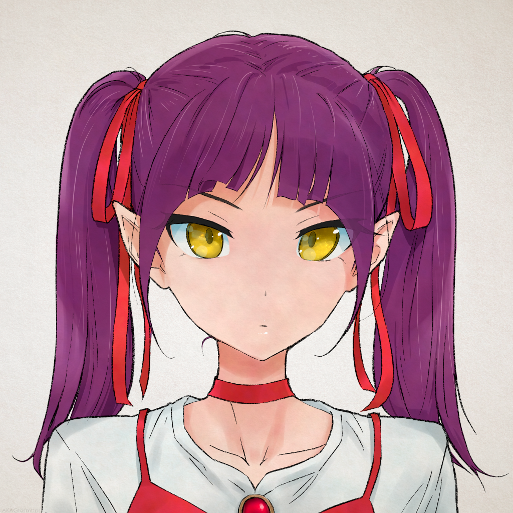 akagi_(fmttps) alternate_hairstyle choker gegege_no_kitarou grey_background hair_ribbon looking_at_viewer nekomusume nekomusume_(gegege_no_kitarou_6) pointy_ears purple_hair red_choker red_ribbon ribbon short_hair simple_background solo twintails upper_body yellow_eyes