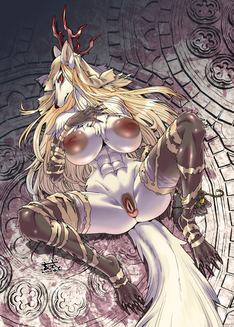 animal_genitalia animal_pussy anthro antlers bandage beast_(bloodborne) big_breasts bloodborne breasts canine_pussy claws female fur horn monster nipples nude pussy solo vicar_amelia video_games white_fur