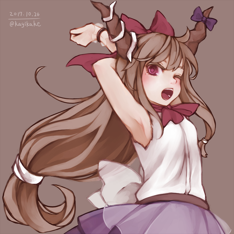 armpits arms_behind_head arms_up artist_name bow bowtie dated hair_bow horn_bow horns ibuki_suika kazaguruma light_brown_background light_brown_hair long_hair looking_at_viewer low-tied_long_hair one_eye_closed oni open_mouth purple_bow purple_skirt red_bow red_eyes red_neckwear shirt simple_background skirt sleeveless sleeveless_shirt solo stretch touhou twitter_username upper_body white_shirt yawning