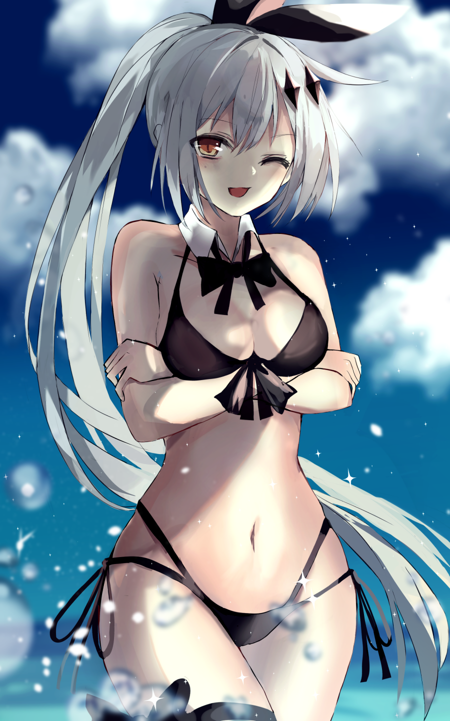 ;d alternate_costume bangs bare_shoulders beckzawachi bikini black_bikini black_ribbon blue_sky blurry_foreground blush bow breasts brown_eyes cleavage cloud collarbone commentary_request cowboy_shot crossed_arms day eyebrows_visible_through_hair five-seven_(girls_frontline) girls_frontline groin hair_ornament hair_ribbon highres large_breasts long_hair looking_at_viewer navel one_eye_closed open_mouth outdoors ponytail ribbon sidelocks silver_hair sky smile solo splashing stomach swimsuit thigh_ribbon thighs very_long_hair water_drop