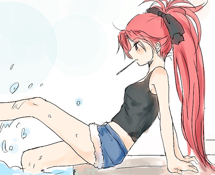 armor blush cutoffs denim denim_shorts food long_hair mahou_shoujo_madoka_magica midriff pocky red_eyes red_hair sakura_kyouko sattyin shorts soaking_feet solo splashing tank_top white_background