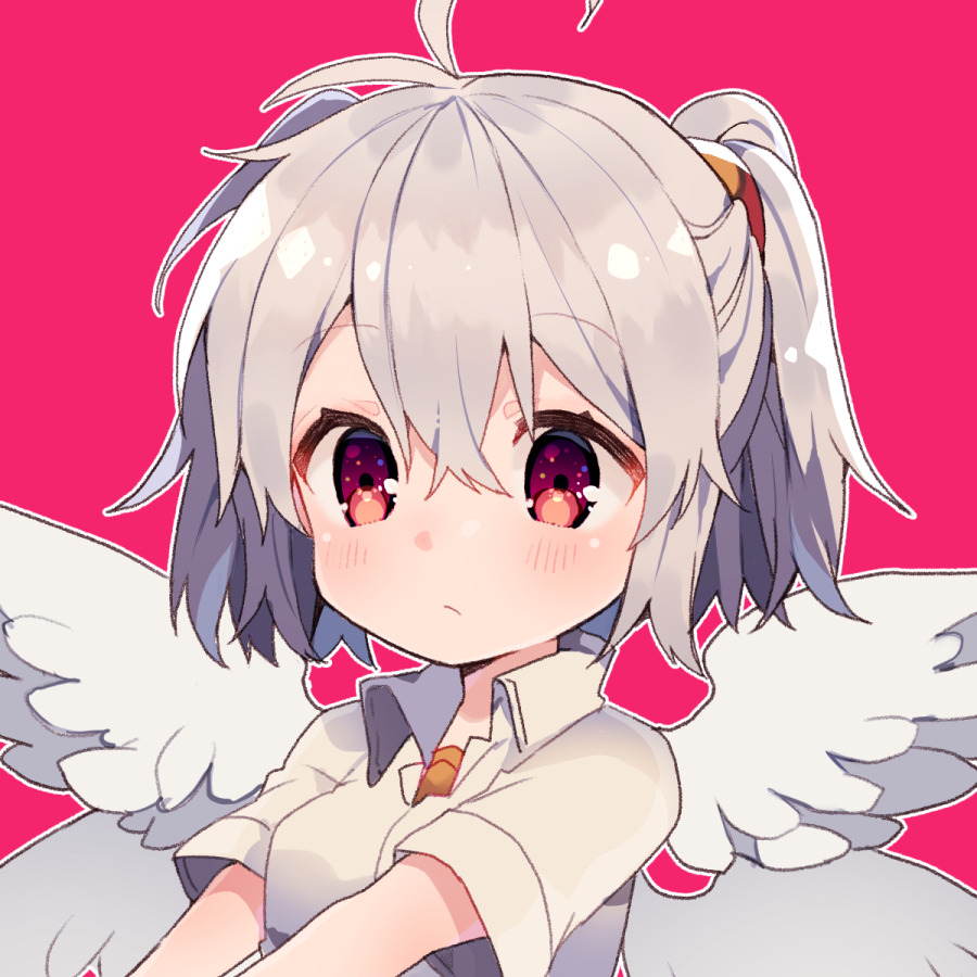 ahoge angel_chromosome_xx blush closed_mouth collared_shirt grey_hair ikeuchi_tanuma multiple_wings neon_genesis_evangelion pink_background red_eyes shirt short_hair short_sleeves simple_background solo tabris tabris-xx two_side_up upper_body white_shirt wing_collar wings