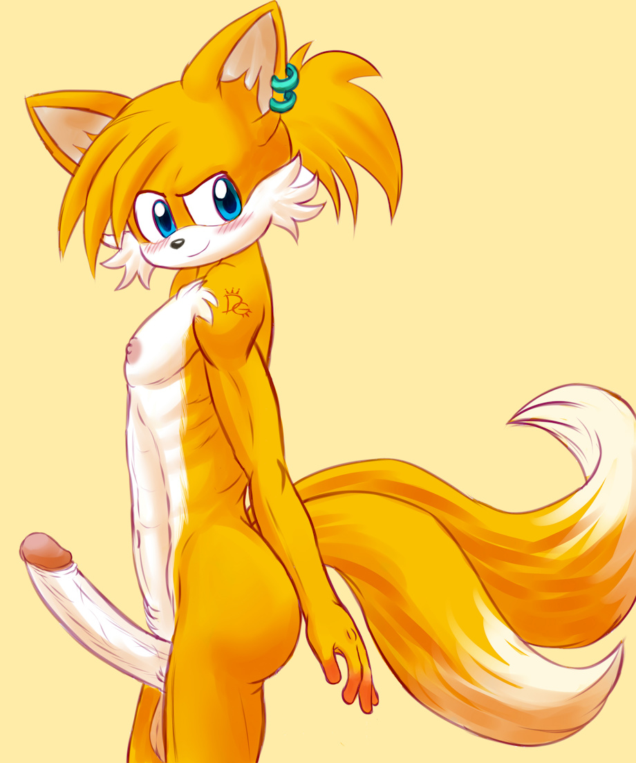 2_tails anthro blue_eyes blush canine dgemporium erection fox fur humanoid_penis male mammal miles_prower multi_tail multicolored_tail nipples orange_fur penis side_view simple_background solo sonic_(series) tan_background white_fur