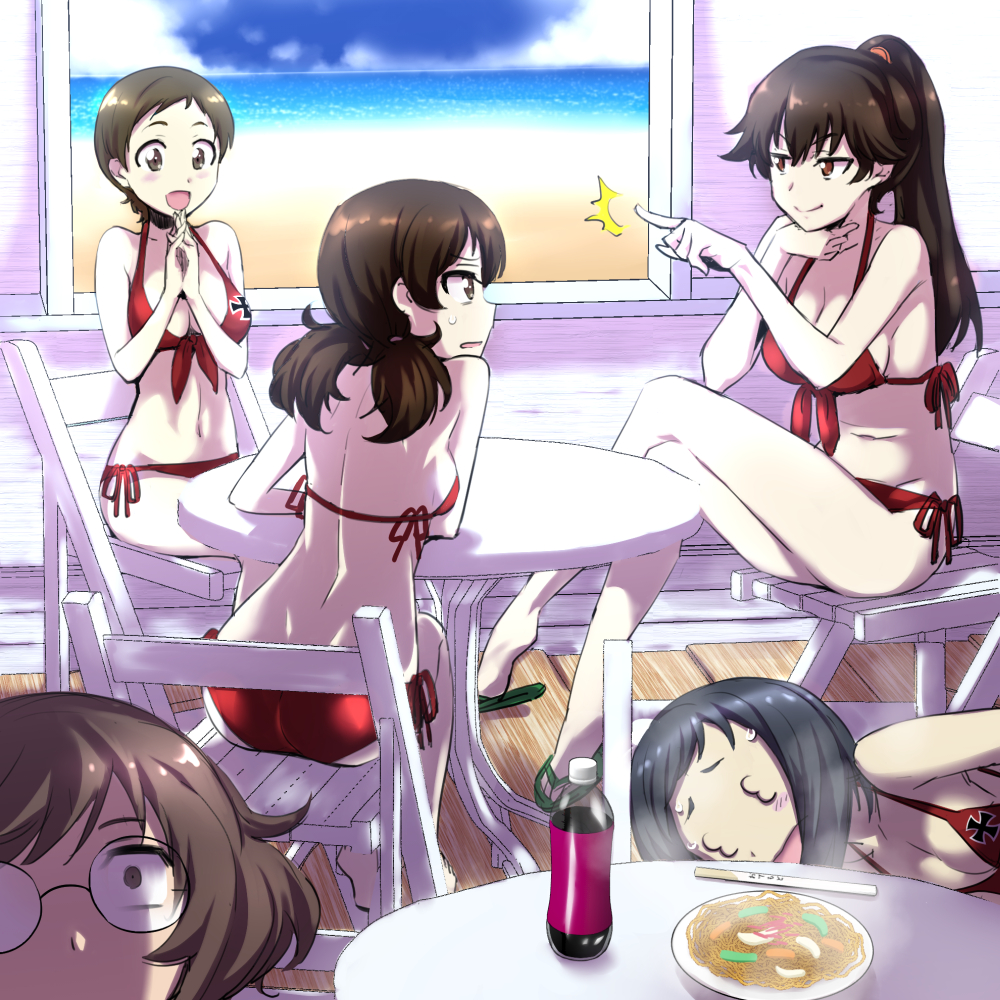 3_3 5girls akiyama_yukari arm_rest ass back barefoot beach bespectacled bikini black-framed_eyewear black_hair blue_sky bottle breasts brown_eyes brown_hair chair cleavage closed_mouth cloud cloudy_sky commentary_request constricted_pupils crossed_legs day extra folding_chair food from_behind frown girls_und_panzer glasses hair_tie hand_on_own_throat hands_together indoors interlocked_fingers iron_cross legs looking_at_another looking_at_viewer lying medium_breasts messy_hair multiple_girls nakahira_guy navel ocean on_side open_mouth plate pointing ponytail print_bikini red_bikini ritaiko_(girls_und_panzer) round_eyewear sandals sangou_(girls_und_panzer) short_hair side-tie_bikini sitting sky smile smirk sweatdrop swimsuit twintails very_short_hair wooden_chair wooden_table