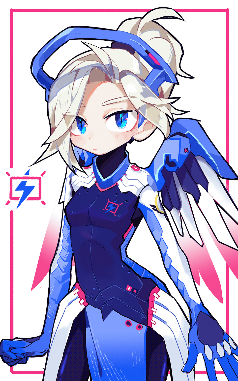 alternate_color blue_eyes blush bodysuit breasts commentary e-sports english_commentary faulds grey_hair hair_over_one_eye high_ponytail highres mechanical_halo mechanical_wings mercy_(overwatch) new_york_excelsior overwatch pelvic_curtain rye-beer small_breasts solo spread_wings wings