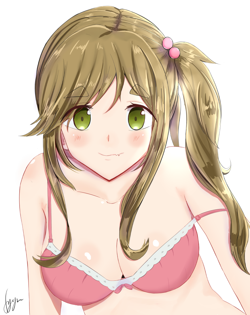 10s 1girl blush bra breasts brown_hair cleavage eyebrows eyebrows_visible_through_hair eyes_visible_through_hair fang green_eyes hair_bobbles hair_ornament inuyama_aoi large_breasts long_hair looking_at_viewer off_shoulder pink_bra side_ponytail signature simple_background smile solo strap_slip syyn_(syyndev) thick_eyebrows underwear upper_body white_background yurucamp