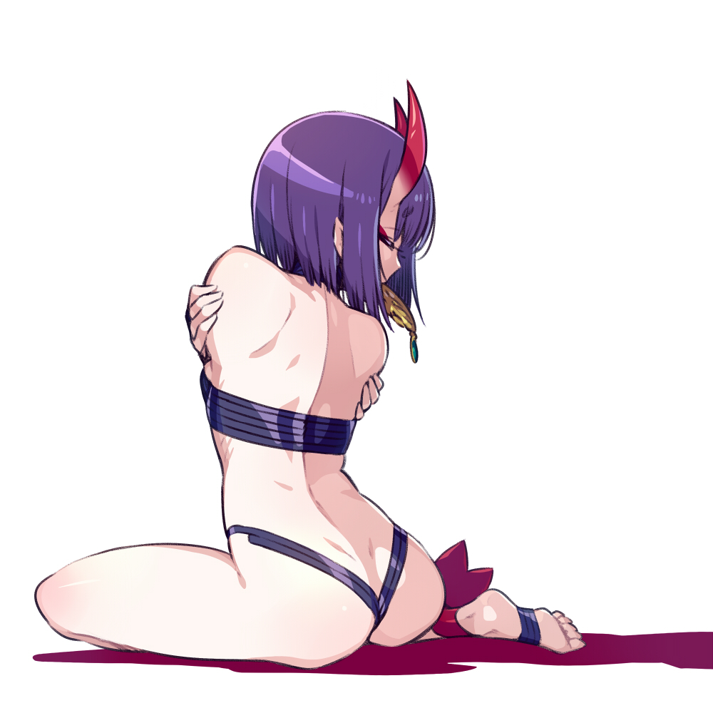 ankle_ribbon ass back barefoot barefoot_sandals bob_cut chan_co closed_eyes commentary_request eyeshadow fate/grand_order fate_(series) from_behind horns makeup mouth_hold oni oni_horns purple_hair ribbon self_hug short_hair shuten_douji_(fate/grand_order) simple_background sitting solo white_background yokozuwari