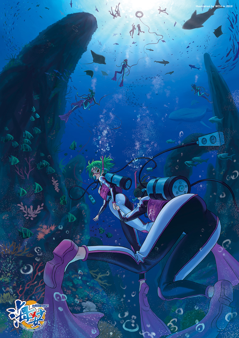 amanchu! aqua_hair artist_name ass blue bodysuit bubble copyright_name coral coral_reef diving diving_mask diving_mask_on_eyes diving_regulator diving_suit fish flippers from_behind from_below green_hair holding_hands kohinata_hikari logo looking_back multiple_girls ocean ocean_bottom ooki_futaba perspective ponytail school_of_fish scuba scuba_gear scuba_tank snorkel swimming underwater wetsuit whale wox