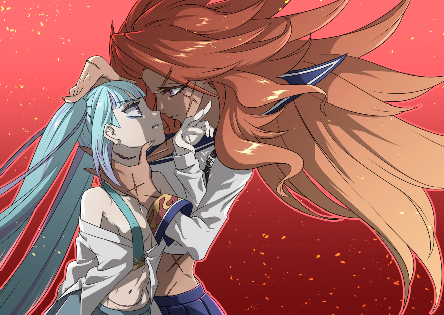 2girls bare_shoulders blue_hair breasts cross_scar face-to-face facial_scar female gradient_hair height_difference ishida-masamune_kiriko kagemitsu_ryuuko kbtmsboy long_hair midriff multicolored_hair multiple_girls navel off_shoulder parted_lips red_hair sailor_collar scar scar_on_cheek shinken!! small_breasts twintails yuri