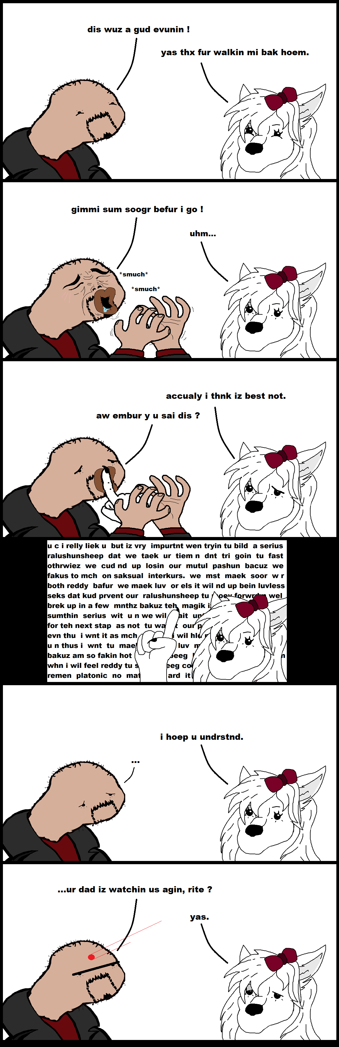 amber_frost arctic_wolf bow canine comic dialogue dolan_comic english_text female fur human humor laser_sight male mammal skianous spodermen text wall_of_text white_fur wolf yaranaika