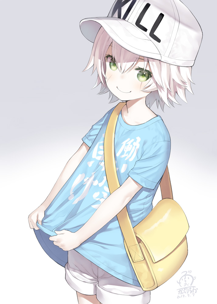 bag bangs baseball_cap blue_shirt blush capriccio closed_mouth clothes_writing commentary_request cosplay dated english eyebrows_visible_through_hair facial_scar fate/grand_order fate_(series) gradient gradient_background green_eyes grey_background hair_between_eyes hat hataraku_saibou headwear_writing jack_the_ripper_(fate/apocrypha) looking_at_viewer platelet_(hataraku_saibou) platelet_(hataraku_saibou)_(cosplay) scar scar_across_eye scar_on_cheek shirt short_hair short_shorts short_sleeves shorts shoulder_bag signature smile solo translation_request white_background white_hair white_hat white_shorts you_work_you_lose