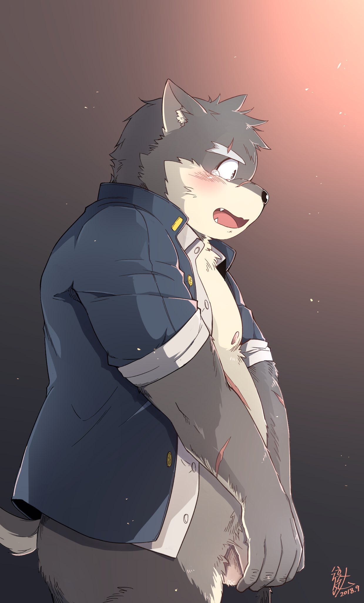 anthro balls black_nose blush bottomless canine clothed clothing covering covering_self cute_fangs dog eye_scar m_ikky male mammal moritaka nipples open_mouth precum scar slightly_chubby solo standing tears tokyo_afterschool_summoners