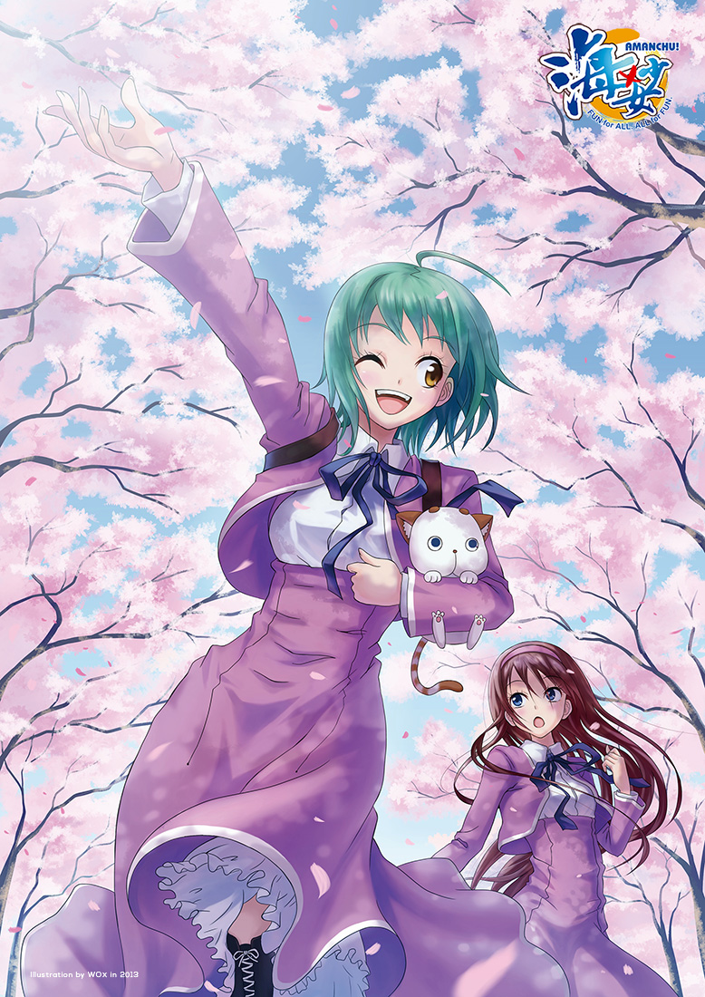 2girls :o ;d ahoge amanchu! aqua_hair aria_(amanchu!) artist_name blue_eyes blue_ribbon brown_eyes brown_hair cat cherry_blossoms copyright_name cross-laced_footwear dress from_below hairband holding holding_cat kohinata_hikari logo long_hair long_sleeves multiple_girls one_eye_closed ooki_futaba open_mouth outdoors outstretched_arm outstretched_hand petals purple_dress ribbon school_uniform short_hair smile tree wox