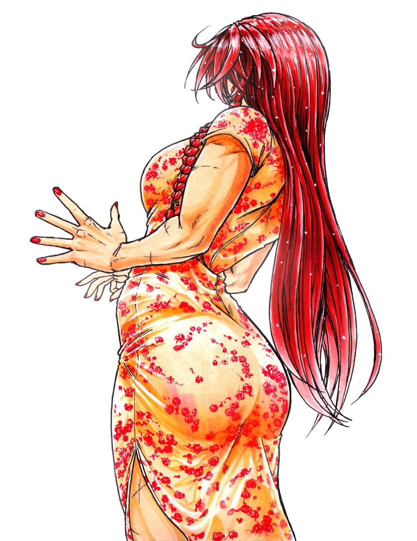 arched_back ass braid breasts china_dress chinese_clothes commentary_request dress from_behind hands_up hidden_face hong_meiling koyubi_(littlefinger1988) large_breasts long_hair muscle muscular_female nail_polish red_hair red_nails scar short_sleeves side_slit simple_background solo spread_fingers standing taut_clothes taut_dress touhou very_long_hair white_background