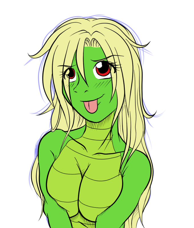 anthro avencri blonde_hair breast_squish breasts cela crocodile crocodilian eyelashes eyes_visible_through_hair female hair humanoid nude red_eyes reptile scalie simple_background solo tongue tongue_out white_background