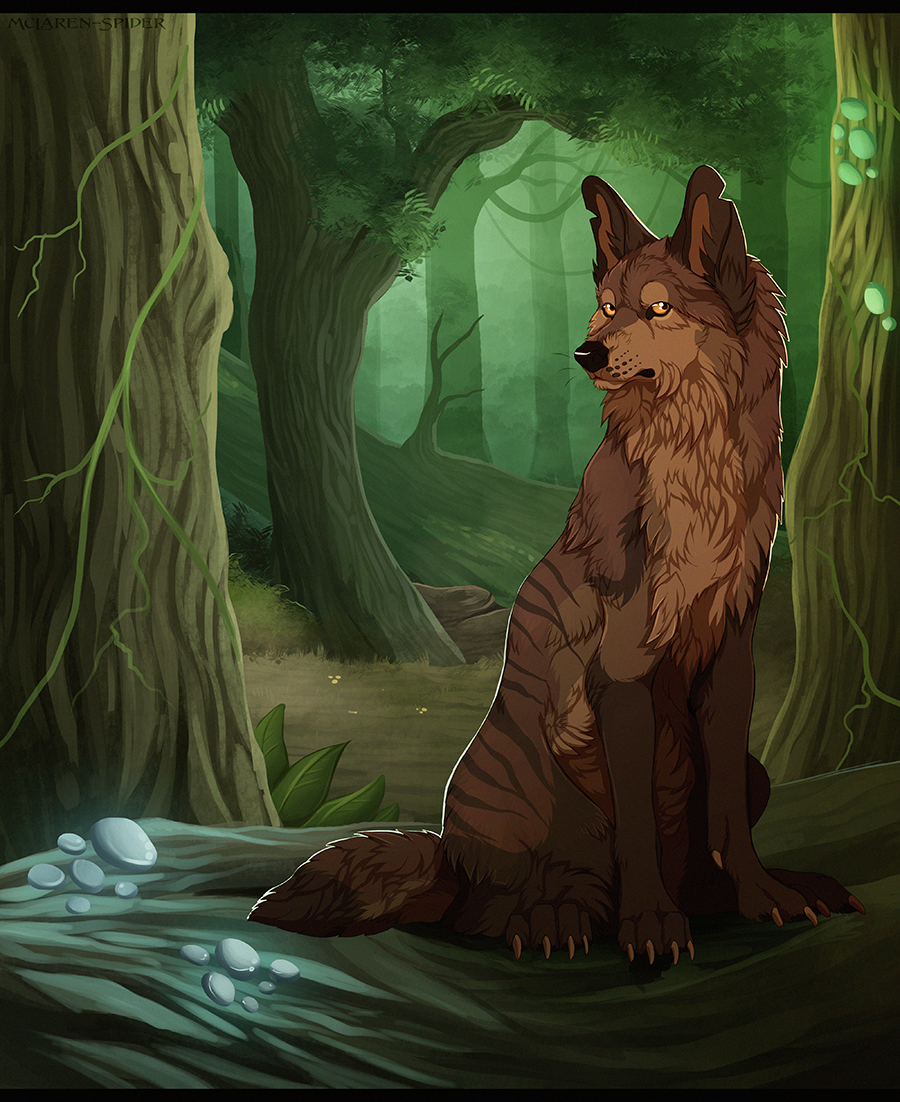 2013 amber_eyes ambiguous_gender black_nose canine claws day detailed_background digital_media_(artwork) feral forest fur mammal maplespyder outside paws sitting solo tree wolf