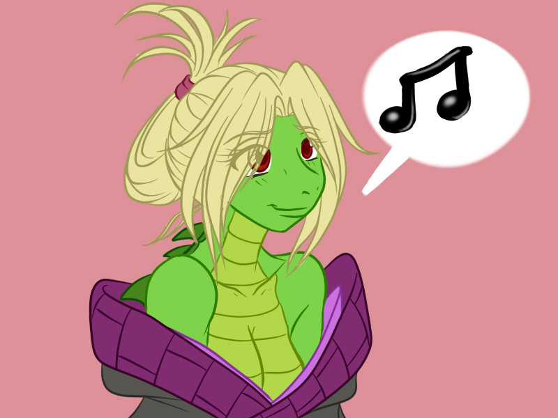 2011 anthro avencri blonde_hair breasts cela cleavage clothed clothing crocodile crocodilian digital_drawing_(artwork) digital_media_(artwork) eyebrows_visible_through_hair eyelashes eyes_visible_through_hair female flat_colors green_body hair musical_note pink_background red_eyes reptile scalie simple_background smile solo