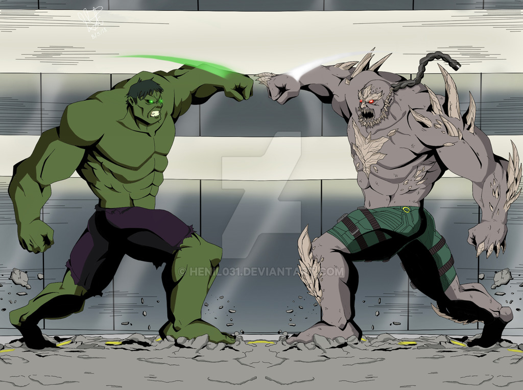 battle black_hair building commentary crossover dc_comics doomsday_(dc) english_commentary giant glowing glowing_eyes green_eyes green_skin grey_skin henil031 hulk male_focus marvel monster multiple_boys muscle non-anime_related red_eyes spikes western_comics