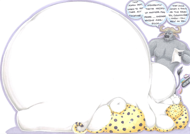 2018 anthro belly benjamin_clawhauser bovine buffalo cape_buffalo cheetah chief_bogo disney duo eating english_text feline growing immobile lying male mammal moobs morbidly_obese obese overweight paper prisonsuit-rabbitman simple_background text traditional_media_(artwork) white_background zootopia